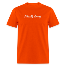 Load image into Gallery viewer, Ethically Greedy White Font Unisex Classic T-Shirt - orange
