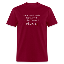 Load image into Gallery viewer, On A Grade Scale From A To F I Give An F Plus U White Font Unisex Classic T-Shirt - burgundy
