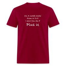 Load image into Gallery viewer, On A Grade Scale From A To F I Give An F Plus U White Font Unisex Classic T-Shirt - dark red
