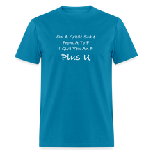 Load image into Gallery viewer, On A Grade Scale From A To F I Give An F Plus U White Font Unisex Classic T-Shirt - turquoise
